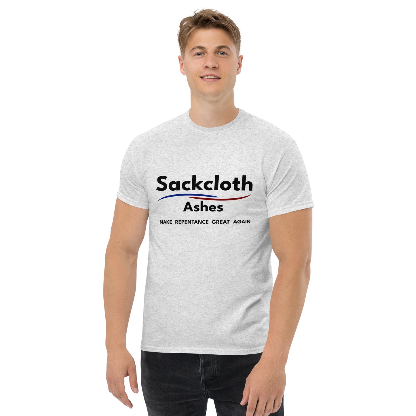 Person wearing light gray tshirt with 'Sackcloth Ashes' text and logo on a white background