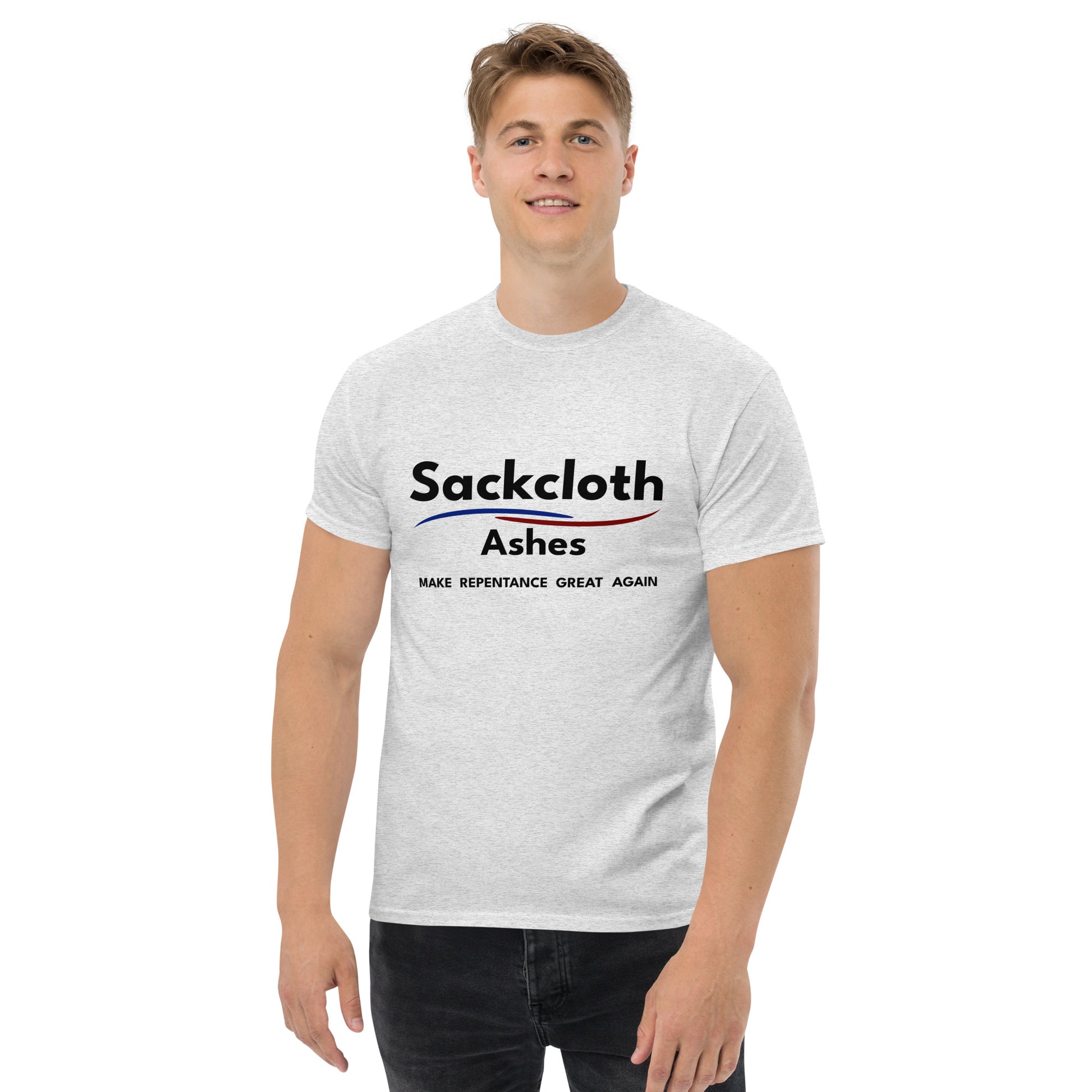 Person wearing light gray tshirt with 'Sackcloth Ashes' text and logo on a white background