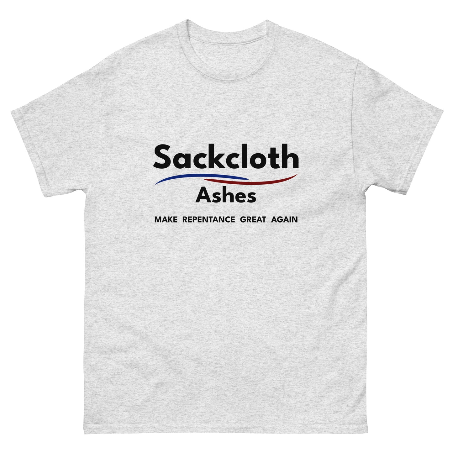 Light gray tshirt with 'Sackcloth Ashes' text and logo on a white background
