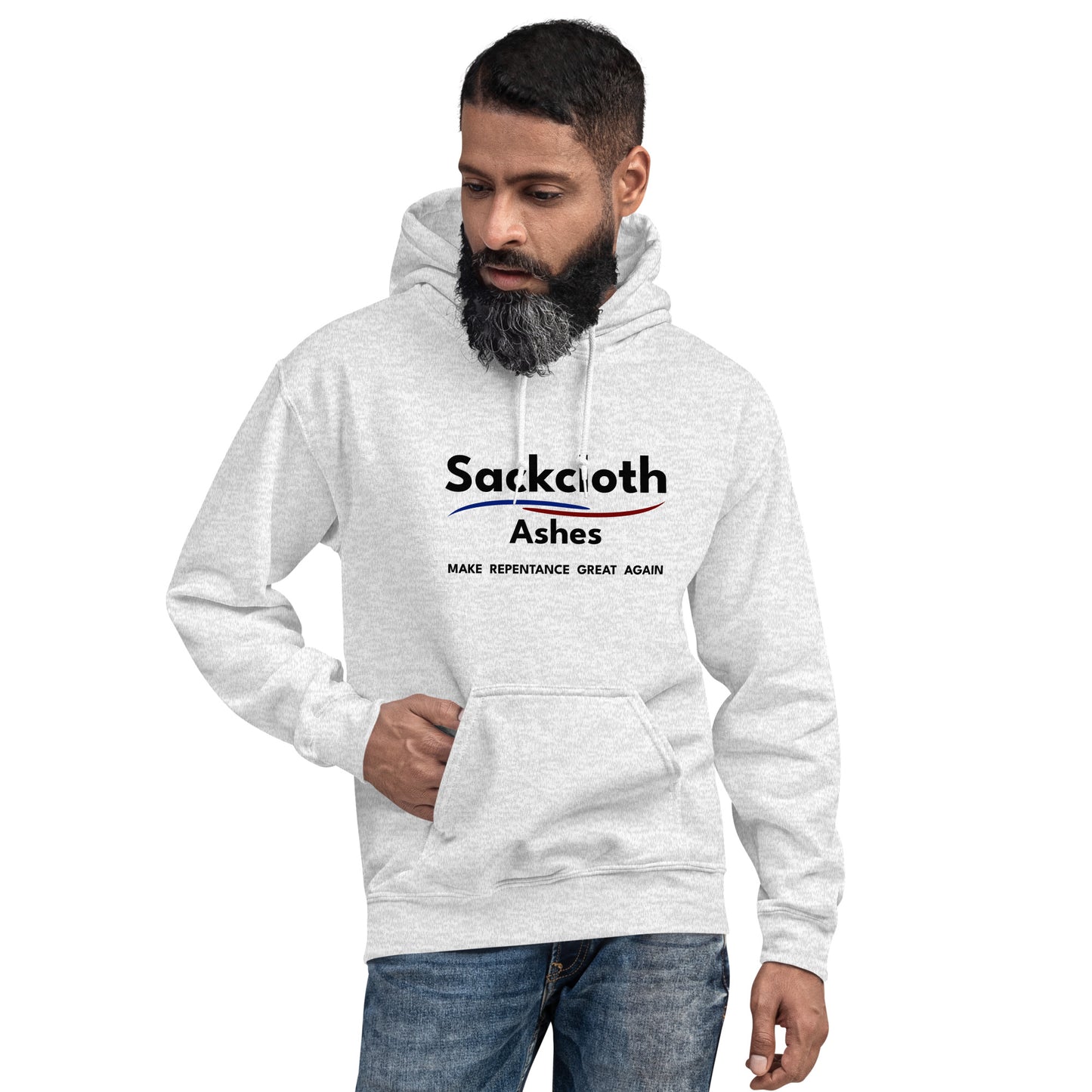 Image of person wearing light gray hoodie with 'Sackcloth Ashes' text and logo on a white background