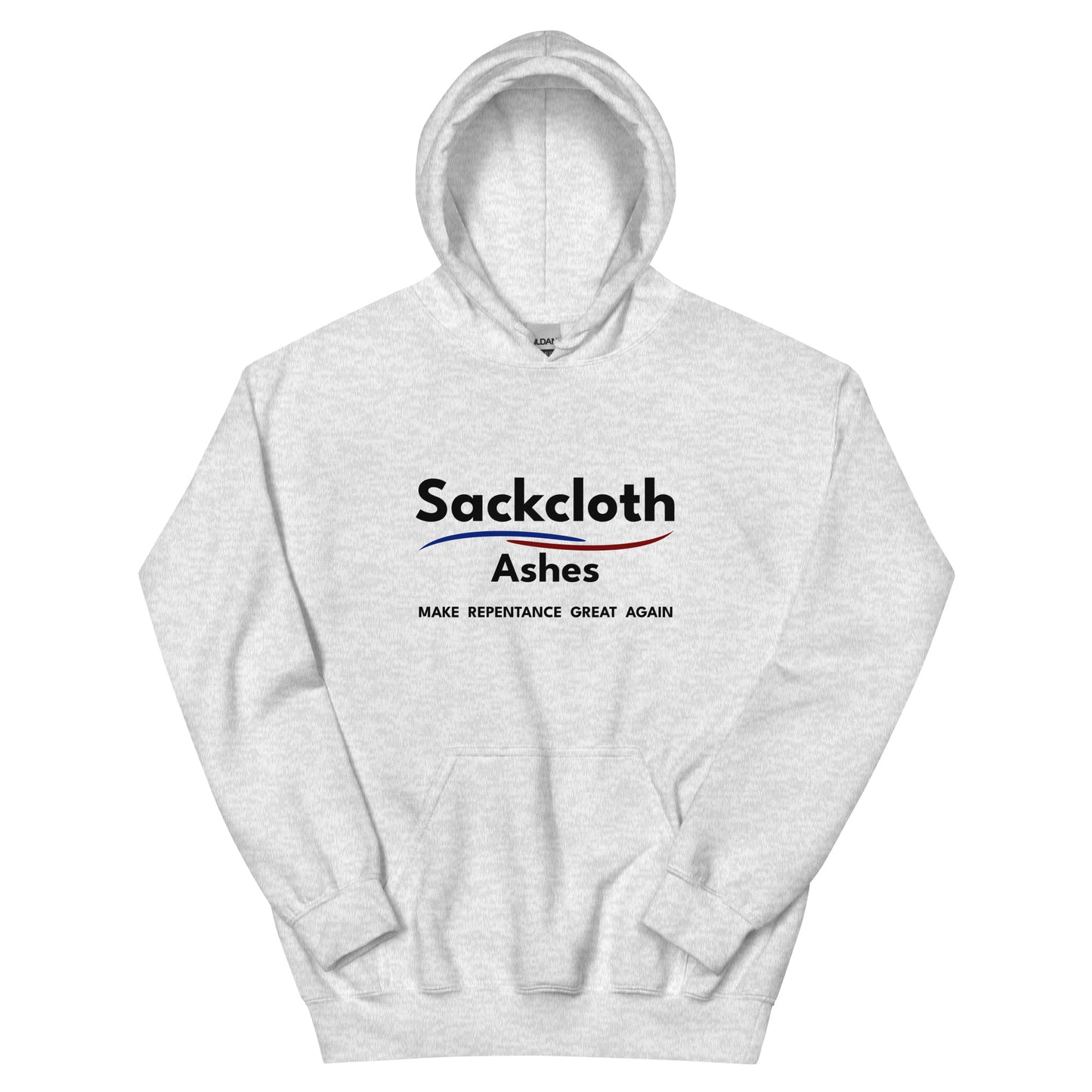 Gray hoodie with 'Sackcloth Ashes' text and logo on a white background