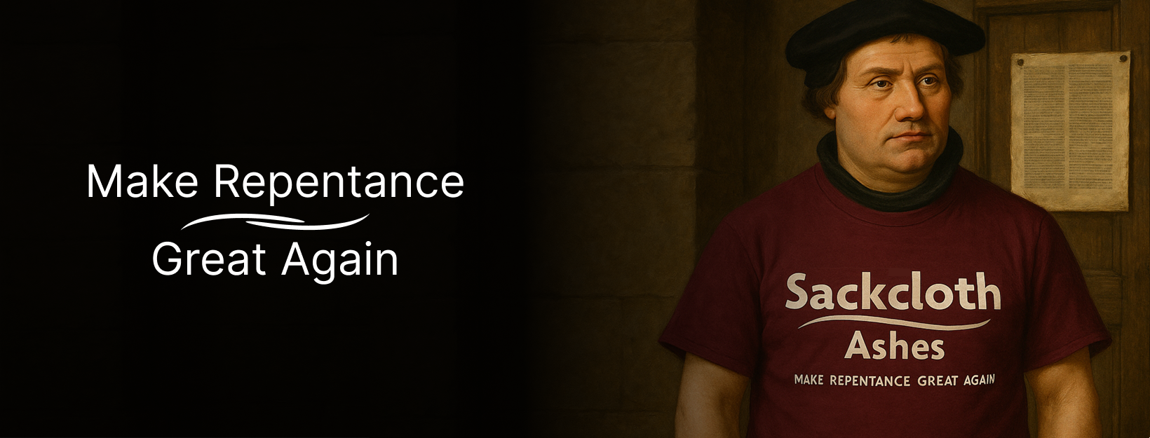 Illustration of German Priest Martin Luther Wearing a red t-shirt saying "Make Repentance Great Again" standing in front of a door
