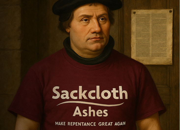 Illustration of German Priest Martin Luther Wearing a red t-shirt saying "Make Repentance Great Again"