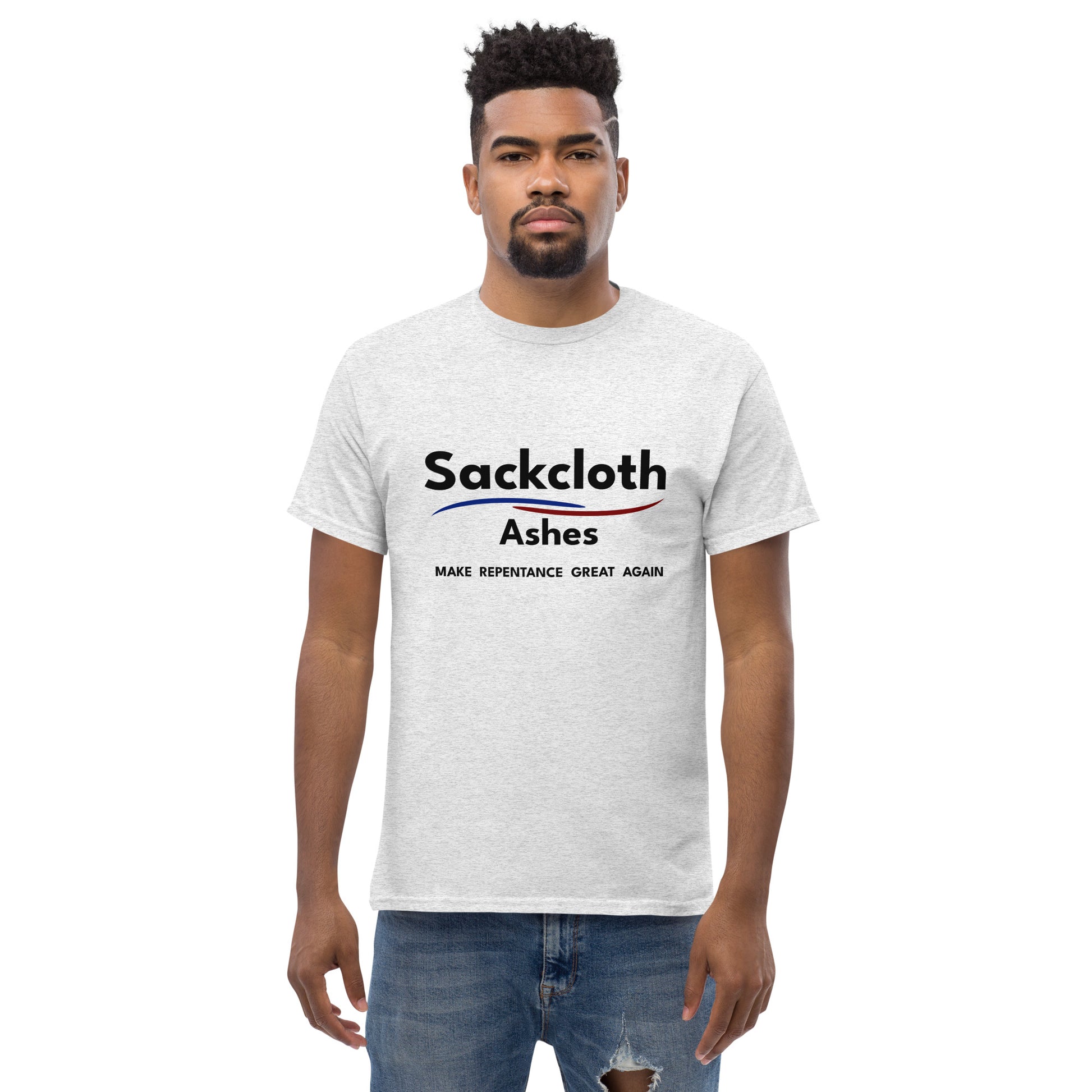 Person wearing light gray tshirt with 'Sackcloth Ashes' text and logo on a white background