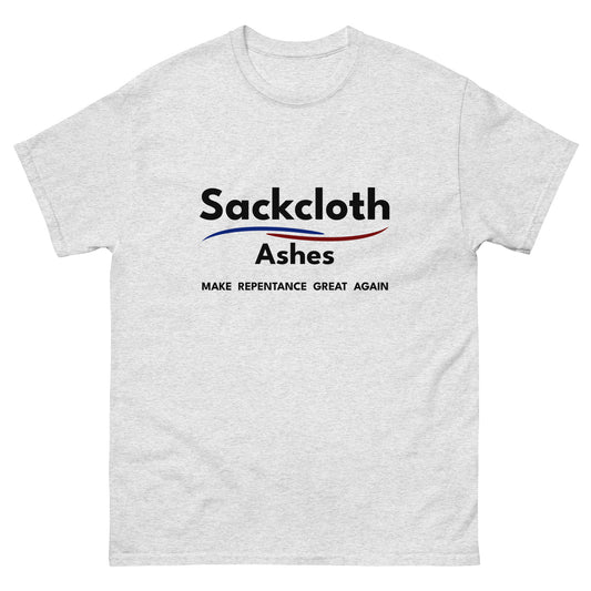 Light gray tshirt with 'Sackcloth Ashes' text and logo on a white background