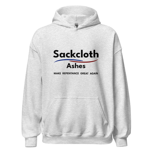 Light gray hoodie with 'Sackcloth Ashes' text and logo on a white background