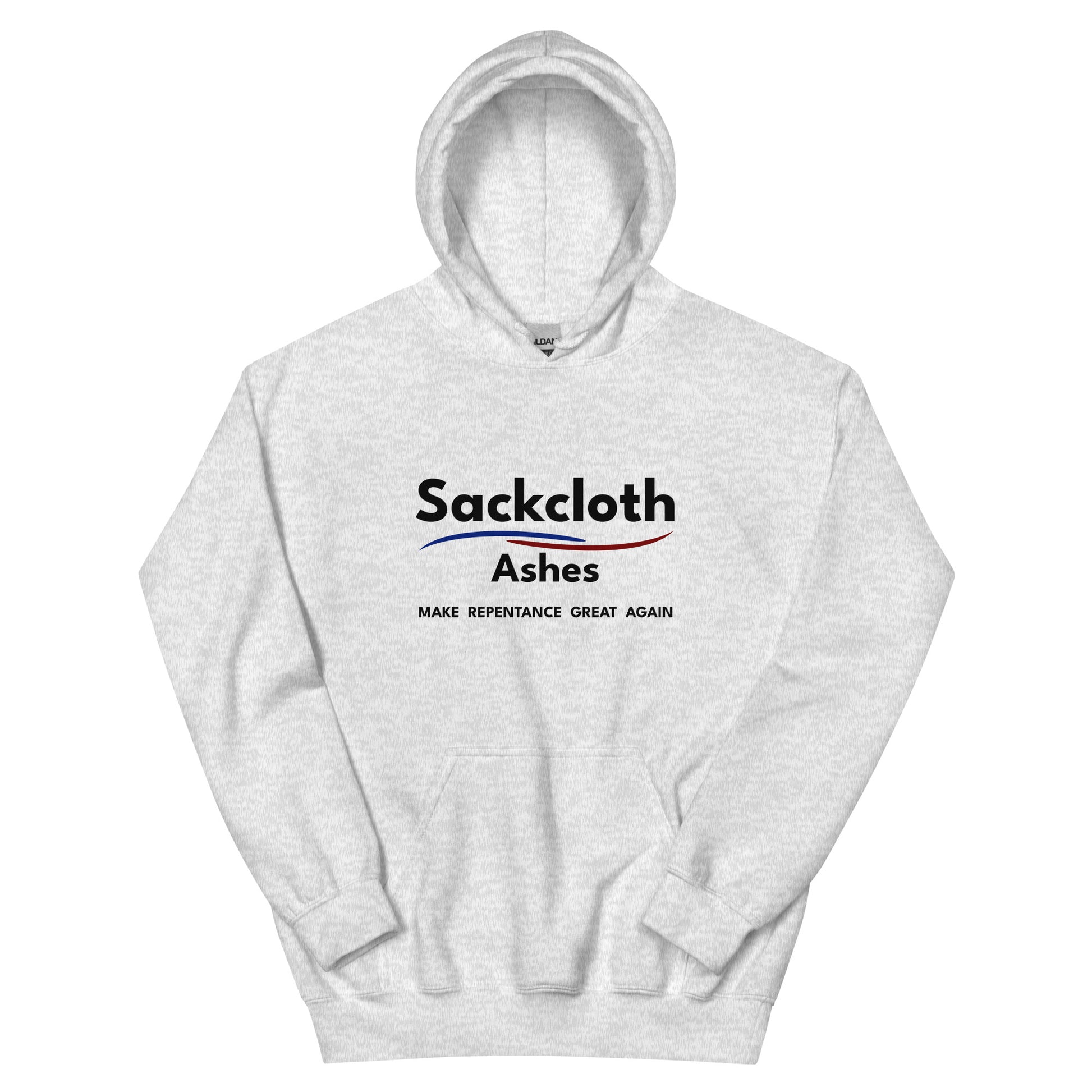 Gray hoodie with 'Sackcloth Ashes' text and logo on a white background